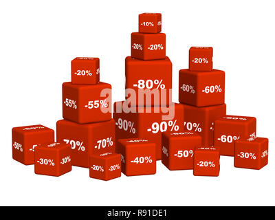 Le caselle rosse con le merci a un prezzo scontato. Scopo su bianco Foto Stock