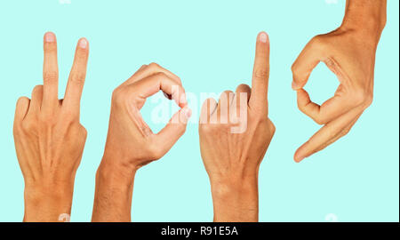 Gli uomini le mani formando il numero 2019, come il nuovo anno, su uno sfondo blu Foto Stock