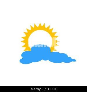 Il sole e la nuvola icona piatta isolati su sfondo blu. Sun cloud e simbolo del segno in stile appartamento. Previsioni meteo elemento Illustrazione Vettoriale