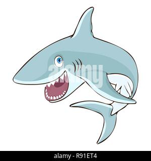 Shark salta fuori dell'acqua personaggio dei fumetti, illustrazione vettoriale, caricatura, adesivo, elemento di design. Verniciato colorato carino funny fish shark con Illustrazione Vettoriale