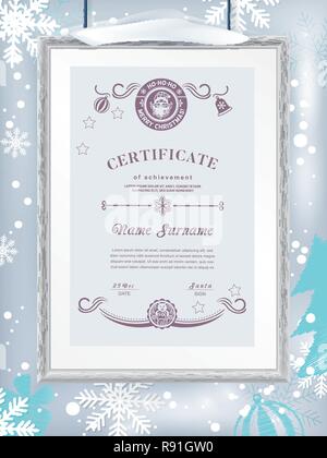 Certificato di natale con il grigio confine realistica sul simbolo del fiocco di neve sullo sfondo. Design pulito, realistico effetto ombra. Inverno sfondo. Santa, maiale all'interno di emblemi Illustrazione Vettoriale