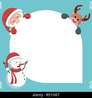 Scheda di natale di Santa Claus, renne, pupazzo di neve con sfondo bianco per scrivere Illustrazione Vettoriale