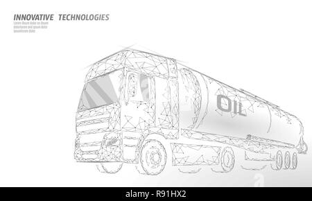 Olio autostrada camion cisterna 3D render bassa poli. Petrolio di combustibile finanza industria serbatoio diesel. Cilindro grande veicolo benzina cargo logistica business economico la linea poligonale illustrazione vettoriale Illustrazione Vettoriale