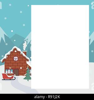 Paesaggio Di Natale carta con la casa e con la slitta con sfondo bianco per scrivere Illustrazione Vettoriale