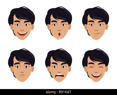 Le espressioni viso di uomo asiatico. Diverse emozioni maschio set. Bel personaggio dei fumetti. Illustrazione Vettoriale su sfondo bianco. Illustrazione Vettoriale