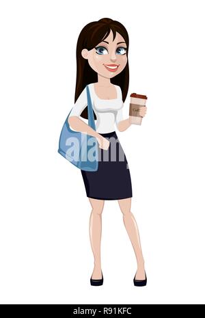 Business donna con capelli castani, concetto di cartoni animati in ufficio stile vestiti. Signora moderna imprenditrice detiene il caffè e il portamonete. Illustr vettore Illustrazione Vettoriale