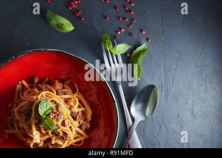 La pasta italiana La cucina bolognese. Vista da sopra. Cucina casalinga Italiana. Foto Stock