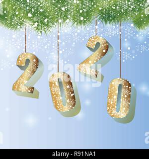 2020 Felice Anno Nuovo card con ramo di abete Illustrazione Vettoriale