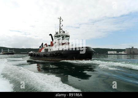 Porti globali, Durban, KwaZulu-Natal, Sudafrica, rimorchiatore Lotheni di Transnet, autorità portuale del porto di Durban, navigazione verso nave commerciale Foto Stock