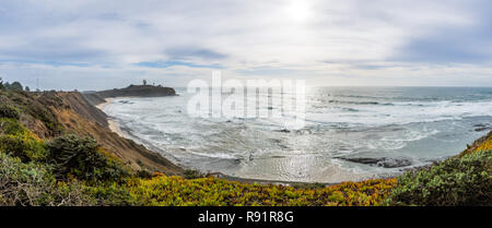 Pilastro punto bluffs e Ross Cove su un nuvoloso giorno di inverno, costa dell'Oceano Pacifico, California Foto Stock