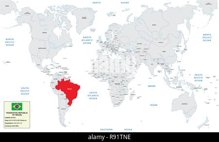 Mappa del mondo con la Repubblica federativa del Brasile, piccola casella di informazioni e flag Illustrazione Vettoriale