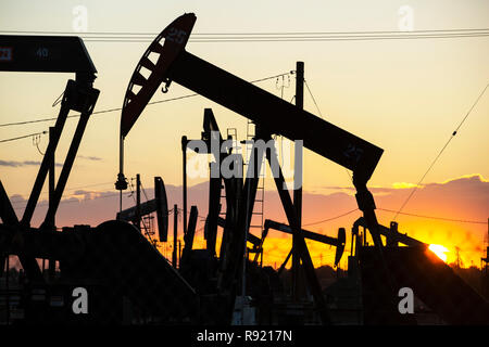 Il Kern River oilfield in Oildale, Bakersfield, California, Stati Uniti d'America. A seguito di un inedito e quattro anni di siccità, Bakersfield è ora il più arido città in Stati Uniti d'America, guidati dal cambiamento climatico. Gli americani ancora non riescono a fare il collegamento tra la loro dipendenza da combustibili fossili e il cambiamento climatico. Foto Stock