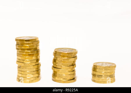 Pile e cumuli di British GBP monete doro Moneta soldi su sfondo bianco con spazio vuoto Foto Stock