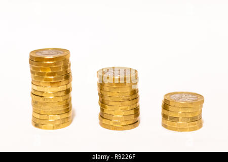 Pile e cumuli di British GBP monete doro Moneta soldi su sfondo bianco con spazio vuoto Foto Stock