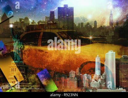 New York Arte moderna composizione. Statua della Libertà e Yellow Cab Foto Stock