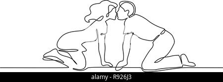 Continuo di un disegno della linea. Amare giovane donna e uomo baciare e permanente sulla loro ginocchia. Illustrazione Vettoriale Illustrazione Vettoriale