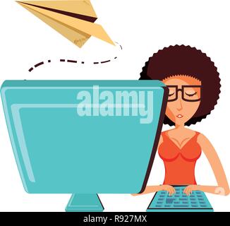 Donna con computer desktop e di aeroplano di carta illustrazione vettoriale design Illustrazione Vettoriale