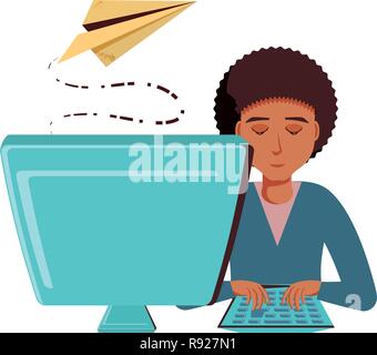 L'uomo nero con computer desktop e di aeroplano di carta illustrazione vettoriale design Illustrazione Vettoriale