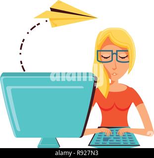 Donna con computer desktop e di aeroplano di carta illustrazione vettoriale design Illustrazione Vettoriale