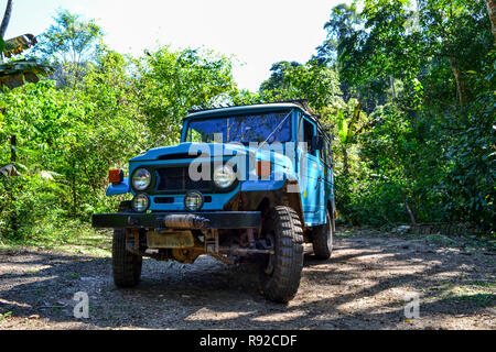 Blue vecchio pick-up truck parcheggiato su una giungla durante un percorso di esplorazione in Rio de Janeiro, Brasile Foto Stock