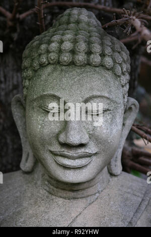 Primo piano del volto sorridente di una statua del Buddha, Pagoda d'Argento, Phnom Penh, Cambogia Foto Stock