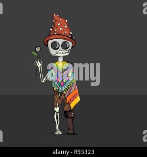Día de Muertos' o il Giorno dei Morti personaggio dei fumetti con fiore e nel grazioso cappello a fungo con la tradizione poncho . Illustrazione Vettoriale