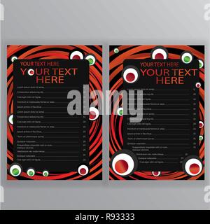 Menu Sushi Il vettore i modelli di Pages, con rotoli maki e menu su linee rosso su nero,per il web e la stampa Illustrazione Vettoriale