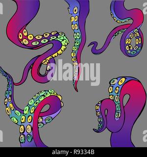 Set futuristico con colorati tentacoli di un polipo frame, motivo Oceano flat Cartoon carino illustrazione per il web e la stampa, grazioso decor. Illustrazione Vettoriale
