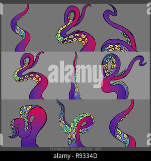 Set futuristico con nove tentacoli colorati di un telaio di polpo, oceano motive flat Cartoon carino illustrazione per il web e la stampa, grazioso decor. Illustrazione Vettoriale