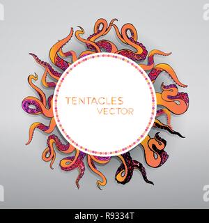 ,Rosso corallo e orange tentacoli cornice rotonda , ocean motivo piatto illustrazione dei cartoni animati per il web e la stampa, grazioso decor. Illustrazione Vettoriale