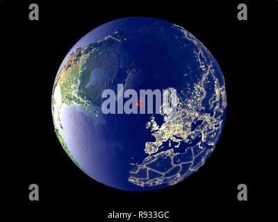 Islanda da spazio sul modello del pianeta Terra con le luci della città. Molto bene i dettagli del mondo di plastica superficie e città. 3D'illustrazione. Elementi del Foto Stock