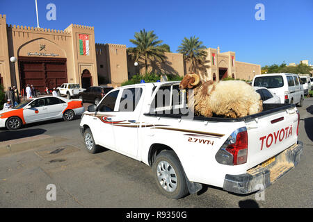 La trafficata Nizwa Mercato del Bestiame si tiene ogni venerdì mattina in Nizwa fort in Oman. Foto Stock