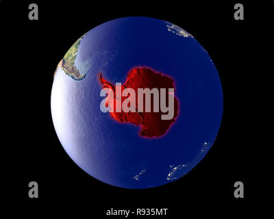 L'Antartide dallo spazio sul modello del pianeta Terra con le luci della città. Molto bene i dettagli del mondo di plastica superficie e città. 3D'illustrazione. Elementi Foto Stock