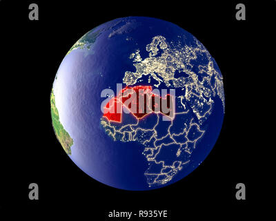 Regione del Maghreb dallo spazio sul modello del pianeta Terra con le luci della città. Molto bene i dettagli del mondo di plastica superficie e città. 3D'illustrazione. Eleme Foto Stock