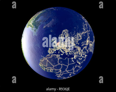 Unione Benelux dallo spazio sul modello del pianeta Terra con le luci della città. Molto bene i dettagli del mondo di plastica superficie e città. 3D'illustrazione. Elemen Foto Stock