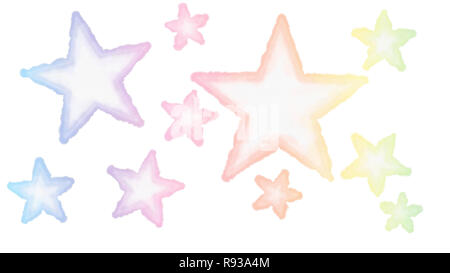Creata digitalmente le illustrazioni di cinque punte stelle colorate con trama della carta su un bianco sfondo textureless. Tecnica ad acquerello. Foto Stock