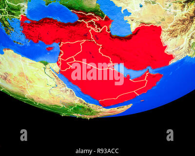 Asia occidentale dallo spazio sul modello del pianeta Terra con i confini. 3D'illustrazione. Gli elementi di questa immagine fornita dalla NASA. Foto Stock