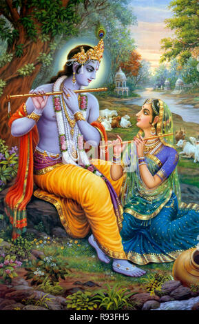 Signore Radha Krishna con flauti pittura Foto Stock