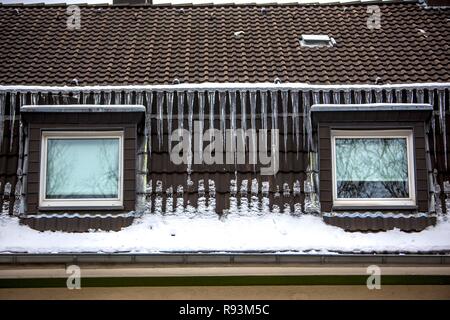 Grandi ghiaccioli appesi al cornicione di una casa, segno di una mal isolato dal calore del tetto, Essen, Nord Reno-Westfalia, Germania Foto Stock