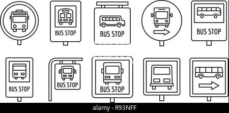 Fermata firmare icon set. Set di contorno del city bus stop icone vettoriali per il web design isolato su sfondo bianco Illustrazione Vettoriale