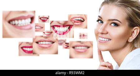 Giovane donna vicino a collage con la salute dei denti. Foto Stock