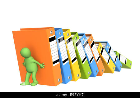 3d marionetta, supportando la caduta di cartelle - su bianco Foto Stock