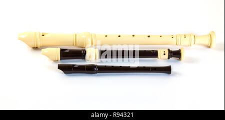 Registratore di plastica flauto set. Sopranino, soprano e alto flauti Foto Stock