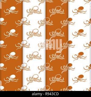 Set di 4 vector seamless pattern con polipi. Abitanti del mare. Animali sotto l'acqua. Design per imballaggio, tessuto, sfondo marino, stampa. Illustrazione Vettoriale
