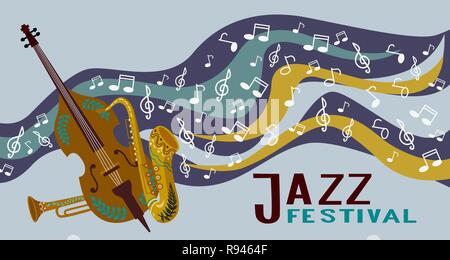 Jazz Band di strumenti musicali su sfondo decorativo con note e scritte. Vettore illustrazione orizzontale Illustrazione Vettoriale