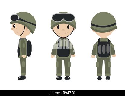 Cartoon soldier mascotte insieme di oggetti in stile appartamento. Soldati di raccolta di caratteri. Isolato su sfondo bianco. Illustrazione Vettoriale. Illustrazione Vettoriale