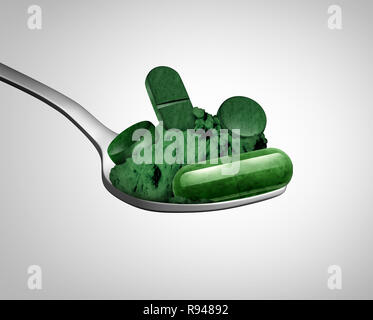 Spirulina clorella supplemento simbolo come una salute nutriente e antiossidante nutritios icona alimentare come le alghe blu-verdi in pillola o in forma di polvere. Foto Stock