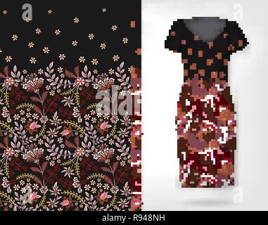 Modello di cute in piccoli e semplici fiori. Sfondo senza soluzione di continuità e senza saldatura bordo su diversi strati di file. Un esempio del modello del vestito mock up. Illustrazione Vettoriale. Nero Illustrazione Vettoriale