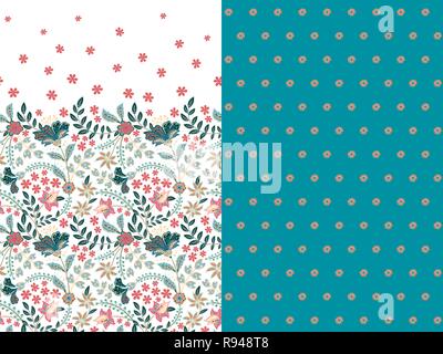 Set di due orizzontali seamless motivo floreale con paisley e fantasia fiori confine. Disegnata a mano la texture per i vestiti, biancheria, tessuto del vestito ecc. Blue Illustrazione Vettoriale