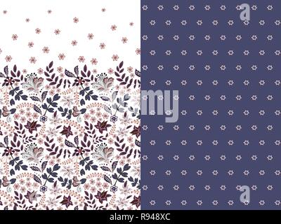 Set di due orizzontali seamless motivo floreale con paisley e fantasia fiori confine. Disegnata a mano la texture per i vestiti, biancheria, tessuto del vestito ecc. Violetta Illustrazione Vettoriale